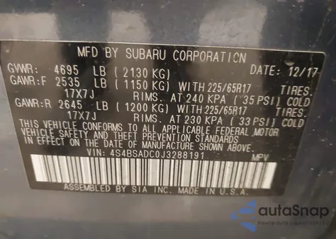 2018 Subaru Outback 2.5I Premium из США, поврежденный, VIN 4S4BSADC0J3288191